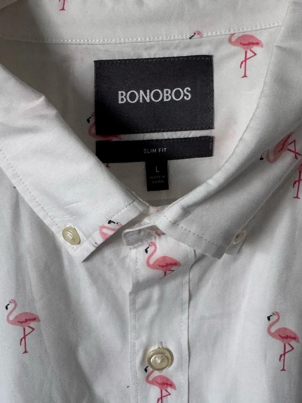 Bonobos White Button-Down Shirt with Pink Flamingo Print